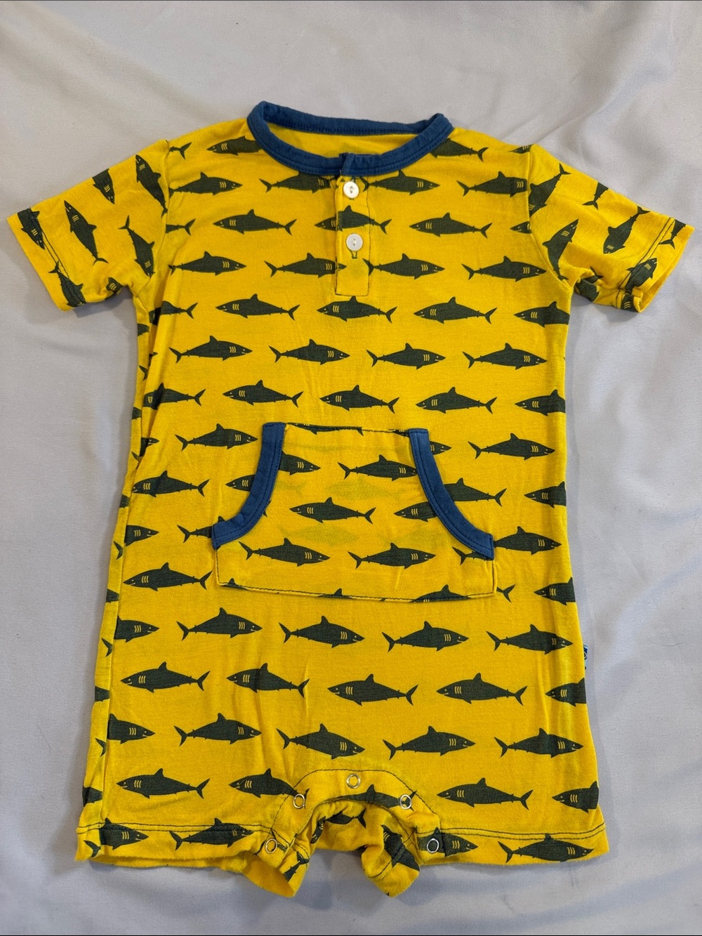 Kickee Pants Yellow & Navy Shark Print Romper